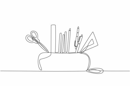 Single continuous line drawing pencil pouch case. Orderliness in arranging stationery. Makes it easier to find and use. Ease of working. World Stationery Day. One line design vector