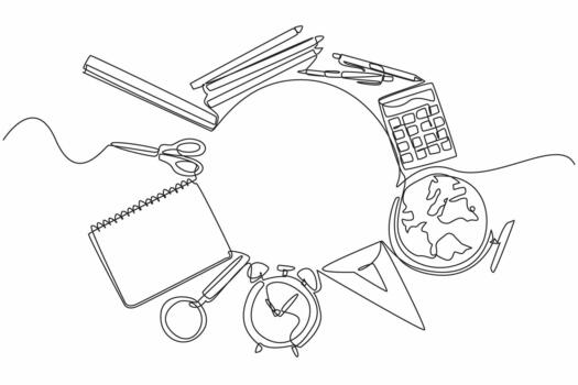Continuous one line drawing various work or study equipment is made into circle. Needs that make work easier. Convenience. Regularity. World Stationery Day. Single line draw illustration vector