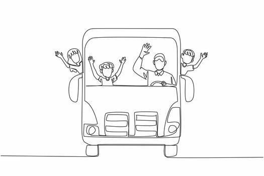 soltero uno línea dibujo colegio autobús con autobús conductor y algunos estudiantes. siempre un agradable atmósfera cuando yendo a escuela. colegio autobús conductor apreciación día. continuo línea diseño ilustración vector
