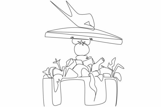 Continuous one line drawing hand closes trash can. Rejected tomato character so as not to be closed. Must not be wasteful. Redundant. Stop Food Waste Day. Single line draw illustration vector