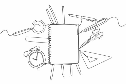 Continuous one line drawing notebook around stationery. Note down some important things to repeat. Handicraft practice. Creative. World Stationery Day. Single line draw design vector