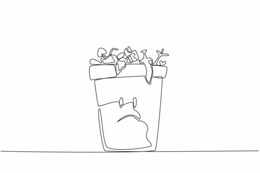 Single continuous line drawing trash can is filled with lots of leftover food. Trash can sad character because of wasteful behavior. Redundant. Stop Food Waste Day. One line illustration vector