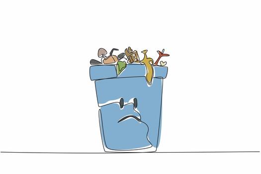 Single continuous line drawing trash can is filled with lots of leftover food. Trash can sad character because of wasteful behavior. Redundant. Stop Food Waste Day. One line design illustration vector