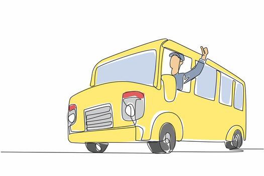 Continuous one line drawing the bus driver sticks out part of his body while making a thumbs up gesture. Dedication. School Bus Driver Appreciation Day. Single line draw design illustration vector