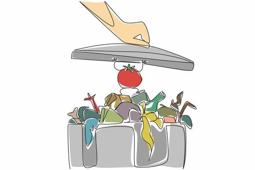 Continuous one line drawing hand closes trash can. Rejected tomato character so as not to be closed. Must not be wasteful. Redundant. Stop Food Waste Day. Single line draw design illustration vector