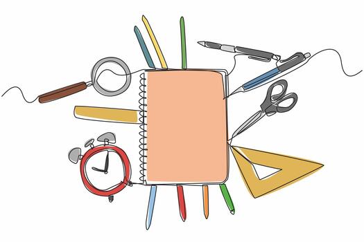 Continuous one line drawing notebook around stationery. Note down some important things to repeat. Handicraft practice. Creative. World Stationery Day. Single line draw design illustration vector
