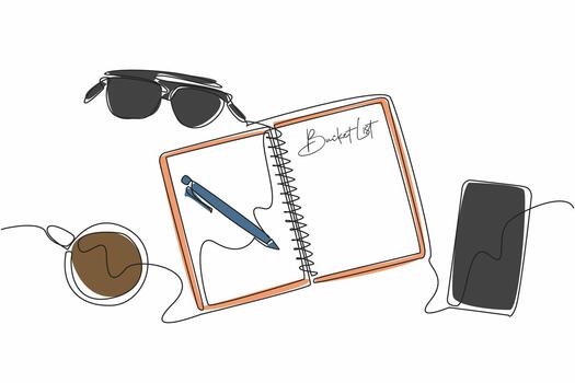 Single one line drawing organizer book with Bucket List writing. Write down the targets to be achieved. Achieve dreams. Goals. National Bucket List Day. Continuous line design illustration vector