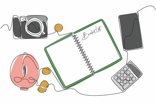 Continuous one line drawing open notebook with the words Bucket List written on it. Calculating the needs for going on vacation. National Bucket List Day. Single line draw design illustration vector