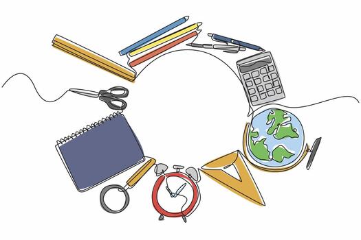 Continuous one line drawing various work or study equipment is made into circle. Needs that make work easier. Convenience. Regularity. World Stationery Day. Single line draw design illustration vector
