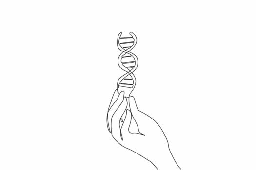 Single one line drawing hand with a gesture of cupping fingers and there is a DNA symbol. Taking blood samples for random checks. Health. National DNA Day. Continuous line design graphic vector
