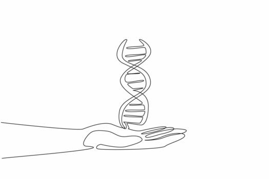 Continuous one line drawing DNA symbol on open palm. Submitting a blood sample for paternity testing. Researchers carry out tasks. Gene. National DNA Day. Single line draw illustration vector