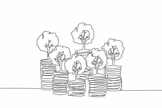 Single one line drawing some stacks of coins with trees. Symbol of investment. Investment rather than wasteful behavior. National Financial Awareness Day. Continuous line design illustration vector