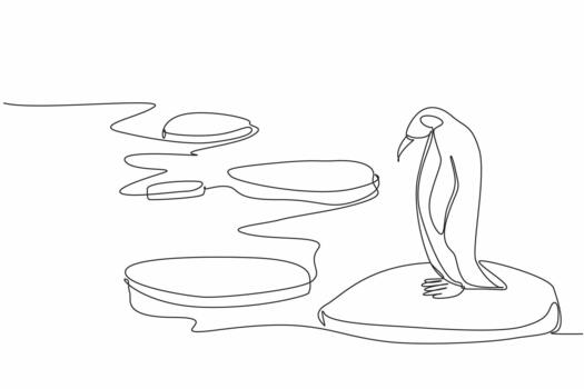 Continuous one line drawing penguin standing on ice. Melting polar ice is dangerous for animals. Warming earth is dangerous for habitats. World Penguin Day. Single line draw design vector
