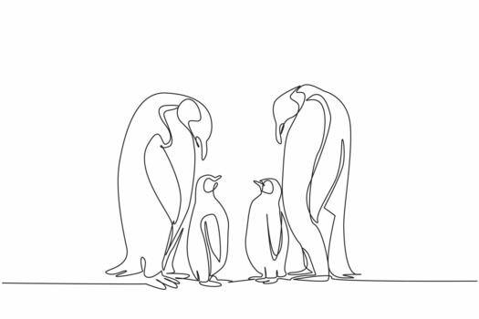 Single continuous line drawing two adult penguins standing facing each other and two chicks. The discussion of the emperors. Summer migration. World Penguin Day. One line design vector
