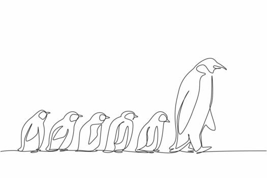 Single one line drawing 1 adult penguin walking in front of 5 baby penguins walking behind him. Animals that like to colonize. Migration. World Penguin Day. Continuous line design illustration vector