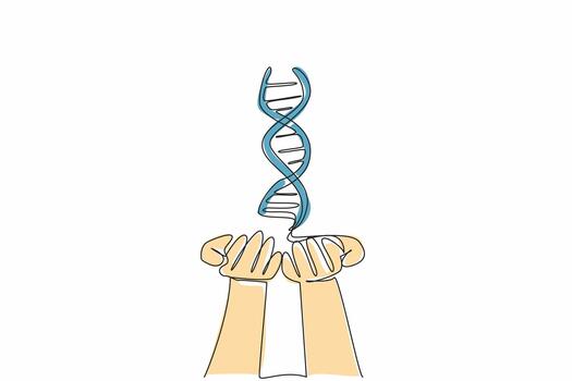 Single continuous line drawing DNA symbol on two open palms. Successful research. Successful blood sample testing. Researchers do the job right. National DNA Day. One line design vector