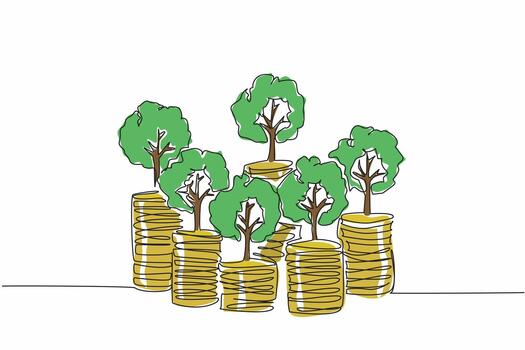 Single one line drawing some stacks of coins with trees. Symbol of investment. Investment rather than wasteful behavior. National Financial Awareness Day. Continuous line design graphic illustration vector