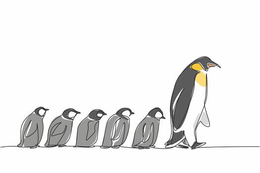 Single one line drawing 1 adult penguin walking in front of 5 baby penguins walking behind him. Animals that like to colonize. Migration. World Penguin Day. Continuous line design graphic illustration vector