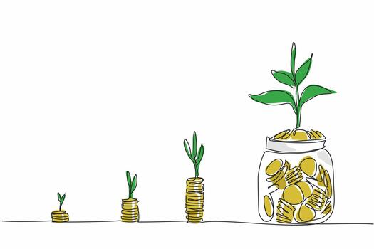 Single one line drawing hand inserts a coin into a jar containing a pile of coins and a tree. Investment for the future. National Financial Awareness Day. Continuous line design illustration vector