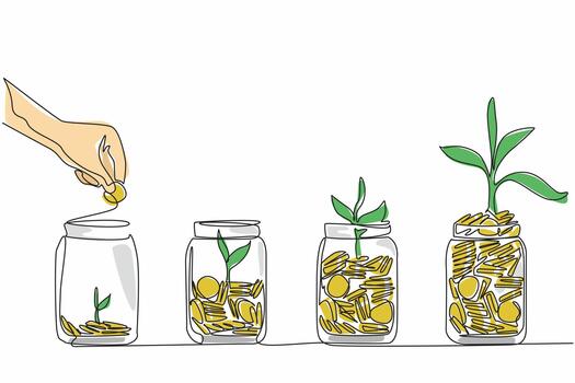 Single one line drawing hand inserts a coin into a jar containing a pile of coins and a tree. Investment for the future. National Financial Awareness Day. Continuous line design graphic illustration vector