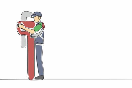 Continuous one line drawing a male plumber hugging each other with a big wrench. A loyal friend who is always there. The expert. National Hug A Plumber Day. Single line draw design illustration vector