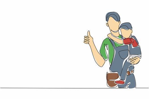 Single continuous line drawing male plumber giving thumbs up gesture while holding son. Feeling of missing. Let go of longing with hug. National Hug A Plumber Day. One line design illustration vector