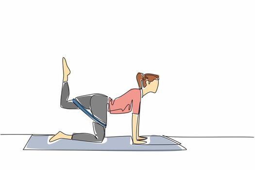 Single one line drawing woman exercising on a training mat doing movements with elastic strap. An exercise that has many benefits. Love Your Thighs Day. Continuous line design graphic illustration vector