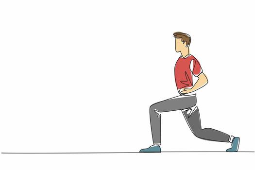 Continuous one line drawing man doing exercise by holding waist. Stretching. Avoid stiffness or cramps in the thighs during exercise. Love Your Thighs Day. Single line draw design illustration vector