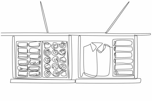 Continuous one line drawing wardrobe drawer opened and inside there are clothes of woman. Very well arranged and organized. Neatness. Get Organized Day. Single line draw illustration vector