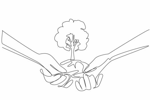 Continuous one line drawing hands stacked on top of each other to support a tree with a mound of earth. Working together to plant trees. National Arbor Day. Single line draw illustration vector