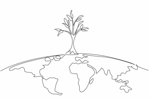 soltero uno línea dibujo grande árbol en parte superior de semicírculo de mundo mapa. el espíritu de mejorando naturaleza por plantando un montón de arboles Vamos verde. nacional cenador día. continuo línea diseño ilustración vector