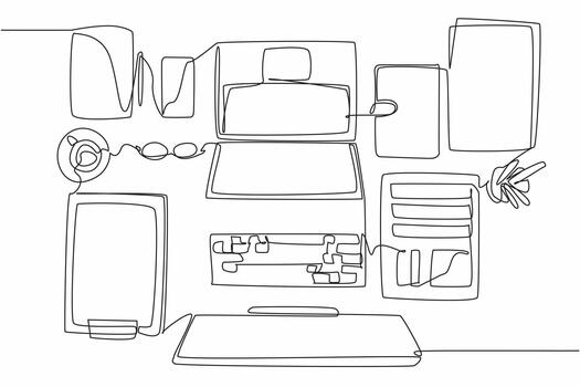 Single one line drawing a very neatly arranged work desk. Makes it easier to work and read weekly reports. Neatness keeps a good mood. Get Organized Day. Continuous line illustration vector