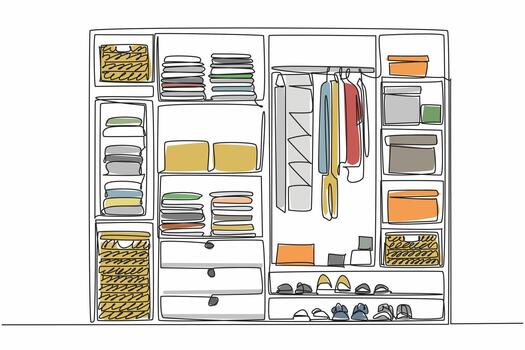 Single continuous line drawing wardrobe with several compartments containing boxes made of woven rattan. Arrange contents of the cupboard neatly. Get Organized Day. One line design illustration vector