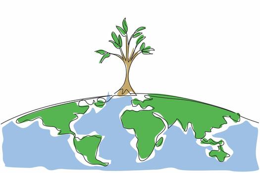 Single one line drawing big tree on top of semicircle of world map. The spirit of improving nature by planting lots of trees. Go green. National Arbor Day. Continuous line design graphic illustration vector
