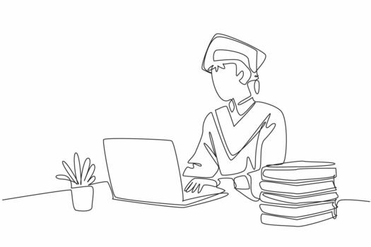 Single continuous line drawing a man wearing a graduation gown complete with a hat. The spirit of working on a dissertation. Graduated. National Dissertation Day. One line illustration vector