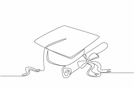 Single one line drawing graduation hat and ribbon graduation paper roll. Certificate of graduation. Best achievement. Satisfying. National Dissertation Day. Continuous line design vector