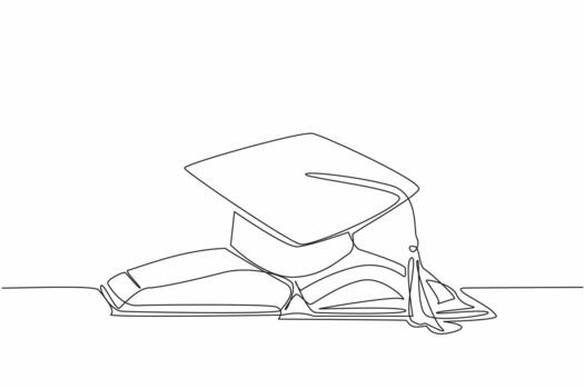 Single continuous line drawing graduation cap on top of open thick book. Encouragement to achieve academic degrees. Seriousness learning. National Dissertation Day. One line illustration vector