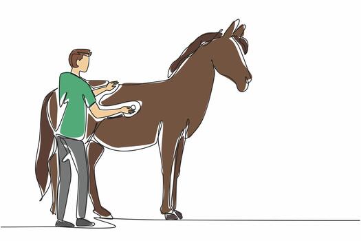 Continuous one line drawing a horse being examined using a stethoscope on its abdomen. Make sure there are no wounds inside. National Help A Horse Day. Single line draw design illustration vector