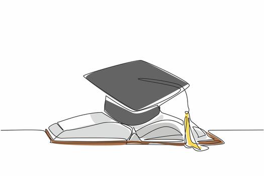 Single continuous line drawing graduation cap on top of open thick book. Encouragement to achieve academic degrees. Seriousness learning. National Dissertation Day. One line design illustration vector