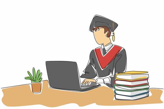 Single continuous line drawing a man wearing a graduation gown complete with a hat. The spirit of working on a dissertation. Graduated. National Dissertation Day. One line design illustration vector
