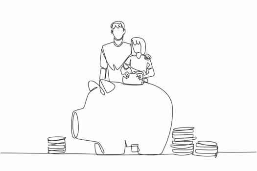 Continuous one line drawing father embracing daughter who is putting coins into a large piggy bank. Saving for future. National Teach Children to Save Day. Single line draw design vector