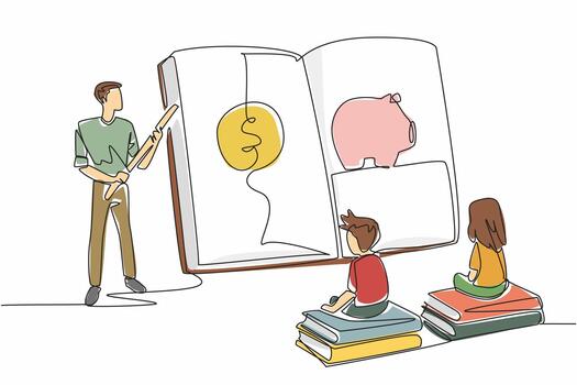 Single continuous line drawing boy and girl sitting on a pile of books. Teaching the importance of saving. For the future. National Teach Children to Save Day. One line design vector