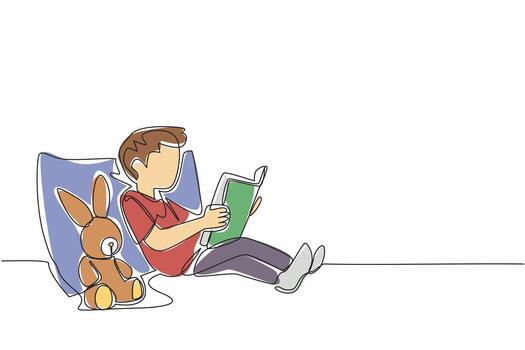 Single one line drawing boy leaning on pillow reading story book to bunny doll. A tale of friendship between rabbits. Myth. National Tell a Story Day. Continuous line design graphic illustration vector
