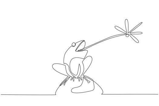 Continuous one line drawing frog sitting on a rock sticking out its tongue preying on a dragonfly. Minimal effort, full results. Food. Save The Frogs Day. Single line draw illustration vector