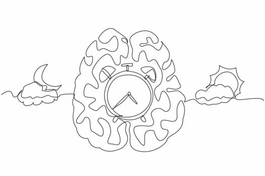 Single continuous line drawing in middle of brain is alarm clock, with a cloudy sun and a cloudy crescent moon. Automatic system of body. Biological Clock Day. One line design vector