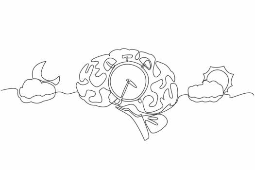 Single one line drawing alarm clock in the middle of the brain with cloudy sun and cloudy crescent moon. Natural biological rhythms. Biological Clock Day. Continuous line design illustration vector