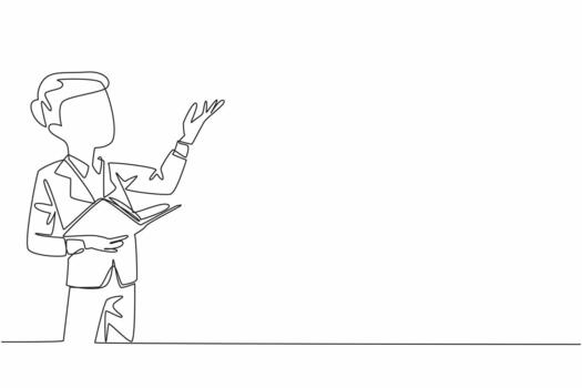 Single one line drawing a boy reading a book or poem with an attractive pose. Styled like a great poet. Entertaining the audience. Great Poetry Reading Day. Continuous line design illustration vector