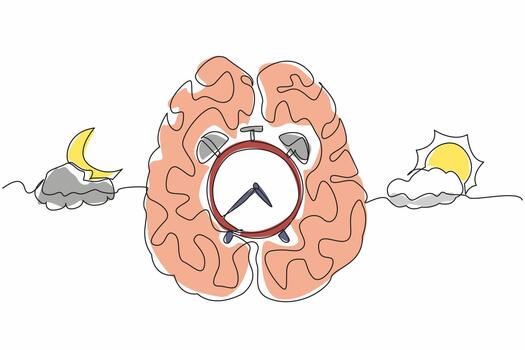 Single continuous line drawing in middle of brain is alarm clock, with a cloudy sun and a cloudy crescent moon. Automatic system of body. Biological Clock Day. One line design illustration vector