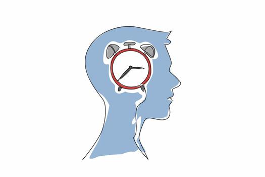 Continuous one line drawing the alarm clock inside the human head. The brain processes all organs naturally. Works 24 hours a day. Biological Clock Day. Single line draw design illustration vector
