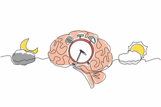 Single one line drawing alarm clock in the middle of the brain with cloudy sun and cloudy crescent moon. Natural biological rhythms. Biological Clock Day. Continuous line design graphic illustration vector